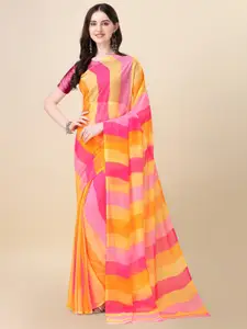 Sangria Pink & Yellow Striped Pure Georgette Saree