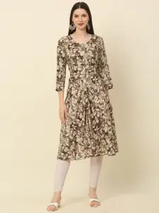 Anouk Brown & Beige Floral Printed Round Neck A-Line Kurta