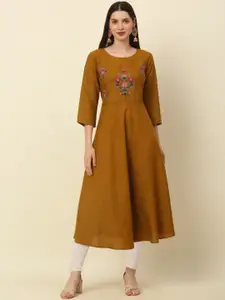 Anouk Mustard Round Neck Thread Work Detailed A-Line Kurta