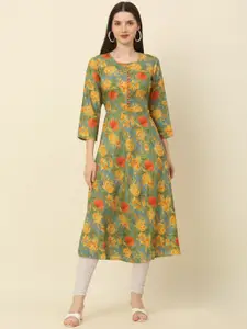 Anouk Green & Yellow Floral Printed Round neck Pure Cotton A-Line Kurta