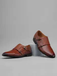 Ruosh Men Textured Leather Formal Double Monk Shoes