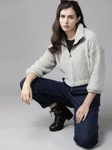 Roadster Women Grey Hooded Sweatshirt