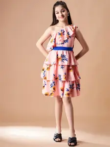 Cherry & Jerry Girls Floral Printed One Shoulder Layered Fit & Flare Dress