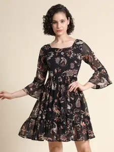BAESD Paisley Printed Square Neck Bell Sleeve Fit & Flare Dress