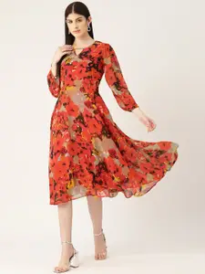 Deewa Floral Printed Puff Sleeve Georgette Fit & Flare Dress