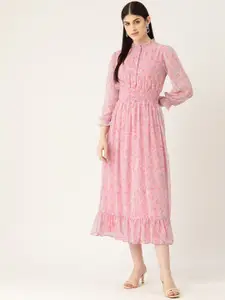Deewa Floral Print High Neck Puff Sleeves Georgette Smocked Fit & Flare Midi Dress