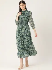 Deewa Abstract Print Puff Sleeves High Neck Georgette Fit & Flare Midi Dress