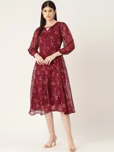Deewa Floral Print Keyhole Neck Puff Sleeves Chiffon A-Line Midi Dress