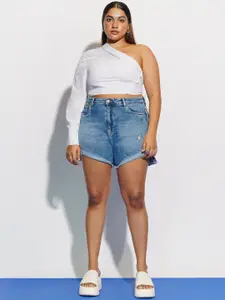 FREAKINS Women Plus Size Washed High-Rise Frayed Denim Shorts