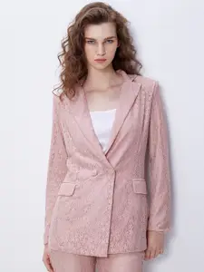 COVER STORY Pink Self Designed Lace Single Breasted Formal Blazer