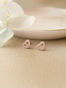 MANNASH Rose-Gold Plated Heart Shaped CZ-Studded 925 Sterling Silver Studs Earrings