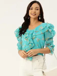 DressBerry Blue Floral Printed Bell Sleeve Ruffles Chiffon Top