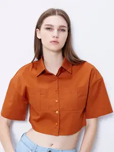 COVER STORY Spread Collar Drop Shoulder Sleeve Cotton Crop Opaque Casual Shirt