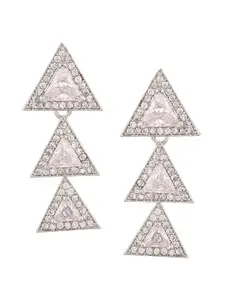 RATNAVALI JEWELS Silver-Plated American Diamond Studded Triangular Shaped Drop Earrings
