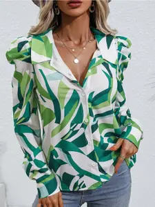 StyleCast Green Abstract Printed Puff Sleeve Shirt Style Top