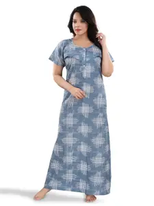 Fabme Geometric Printed Pure Cotton Maternity Maxi Nightdress