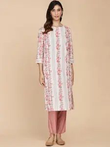 Fabindia Round Neck Floral Printed Cotton Straight Kurta