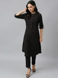 W Black Mandarin Collar Roll-Up Sleeves Pathani Kurta