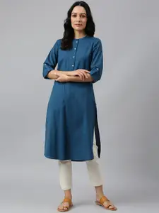 W Blue Mandarin Collar Roll-Up Sleeves Pathani Kurta