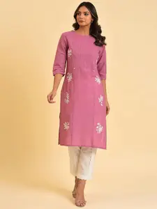 W Floral Embroidered Pure Cotton Straight Kurta