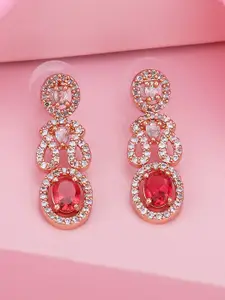Estele Rose Gold Plated CZ Studded Geometric Drop Earrings