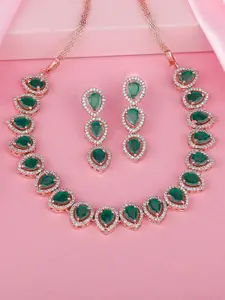 Estele Rose Gold Plated CZ Precious Pears Necklace Set with Green Crystals