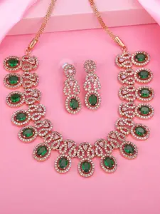 Estele Rose Gold Plated CZ Sparkling Necklace Set with Green Crystals