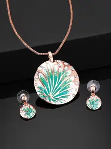 Estele Rose Gold Plated Stylish Circular Pendant Set with Green Enamel for Women