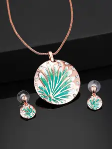 Estele Rose Gold Plated Stylish Circular Pendant Set with Green Enamel for Women