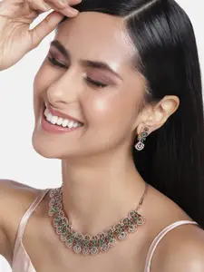 Estele Rose Gold Plated CZ Marquise Melody Necklace Set with Green Crystals