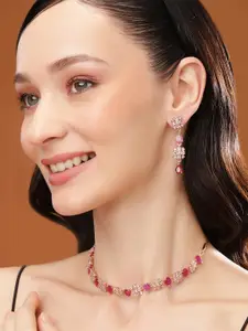 Estele Rose Gold Plated CZ Sparkling Designer Necklace Set with Pink Crystals