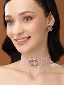 Estele Rose Gold Plated CZ Square Shaped Choker Necklace Set with Crystals For Women