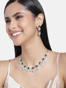 Estele Rhodium Plated CZ Mesmerizing Necklace Set with Green Crystals for Women