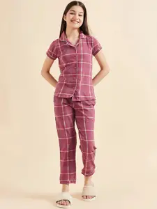 Sweet Dreams Girls Maroon & Cream-Coloured Checked Pure Cotton Night Suit