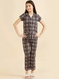 Sweet Dreams Girls Grey & Pink Checked Pure Cotton Night Suit