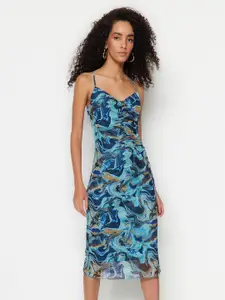 Trendyol Abstract Printed Ruched Sheath Midi Dress