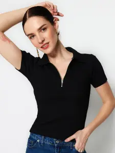 Trendyol Self Design Shirt Collar Fitted Top