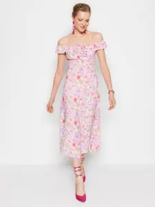 Trendyol Floral Printed Off-Shoulder Acrylic A-Line Midi Dress