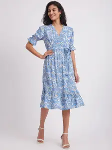 FableStreet Blue Floral Print Fit & Flare Midi Dress