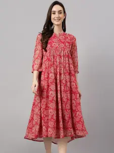 Janasya Women's Dark Pink Chiffon Lurex Floral Printed flared Kurta
