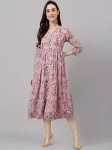Janasya Pink Floral Print Chiffon A-Line Midi Dress