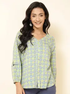 Fabindia Floral Printed V-Neck Cotton Shirt Style Top