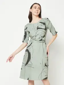 Crimsoune Club Abstract Printed A-Line Dress With Belt