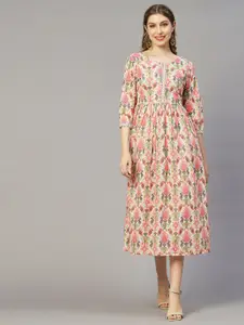 FASHOR Beige Floral Print A-Line Midi Dress