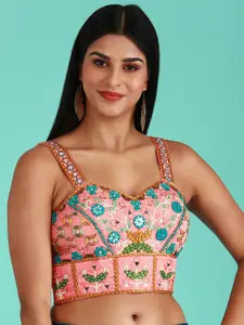 panchhi Embroidered Sweetheart Neck Sleeveless Mirror Work Pure Art Silk Readymade Blouse