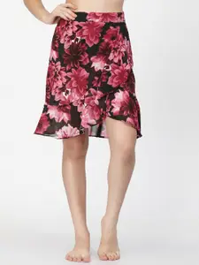 EROTISSCH Women Black & Pink Floral Printed Cover-Up Wrap Skirt