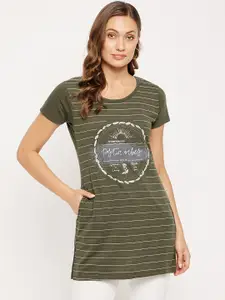 VERO AMORE Striped & Typography Printed Pure Cotton Longline T-shirt
