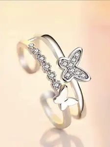 VIEN Silver-Plated CZ-Studded Adjustable Butterfly Finger Ring