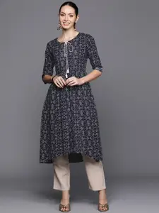Indo Era Bandhani Foil Printed Tie-Up Neck Indigo Kurta