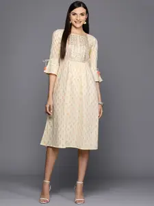 Indo Era Off Ethnic Motifs Printed Embroidered & Sequinned Detail Midi A-Line Dress